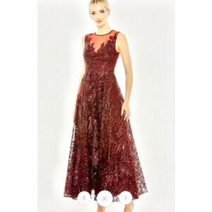 Mac Duggal Illusion Neckline Beaded Tea Length Dress Burgundy 14